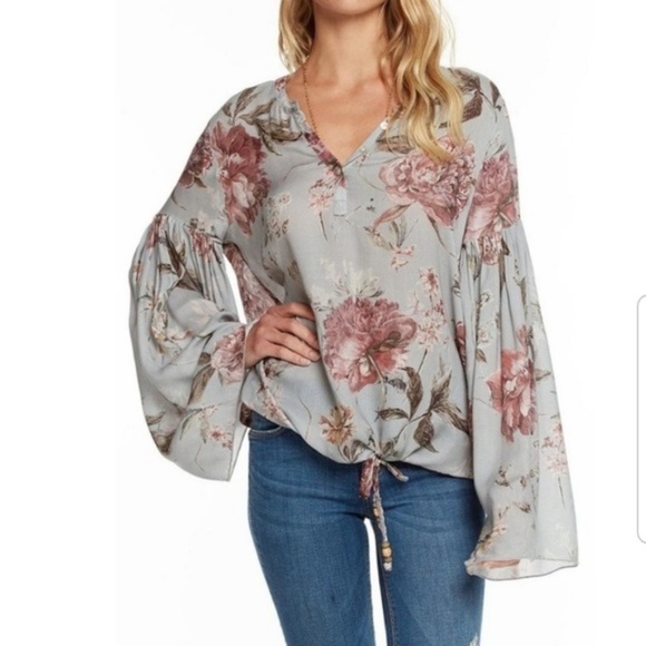 Chaser Floral Bell Sleeve Drawstring Top - Picture 1 of 7